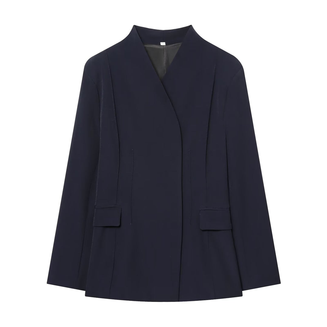 Women's Long Blazer with Concealed Button Placket and Flap Pockets Mune Fashion