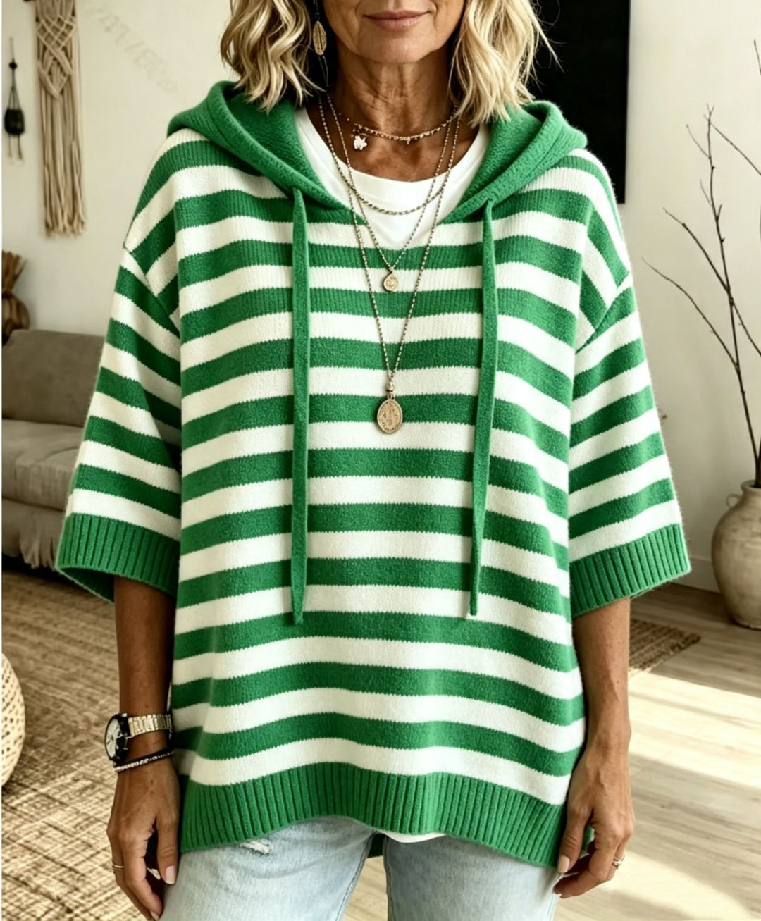 Women Casual Striped Hooded Poncho made of Soft Fine Knit with Half-Length Sleeves Mune Fashion