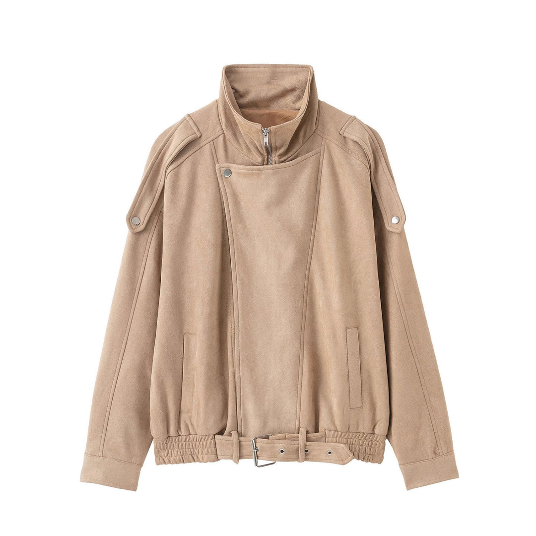 Women's short jacket in suede look with high stand-up collar, shoulder flaps and waist belt Mune Fashion