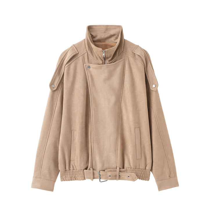 Women's short jacket in suede look with high stand-up collar, shoulder flaps and waist belt Mune Fashion