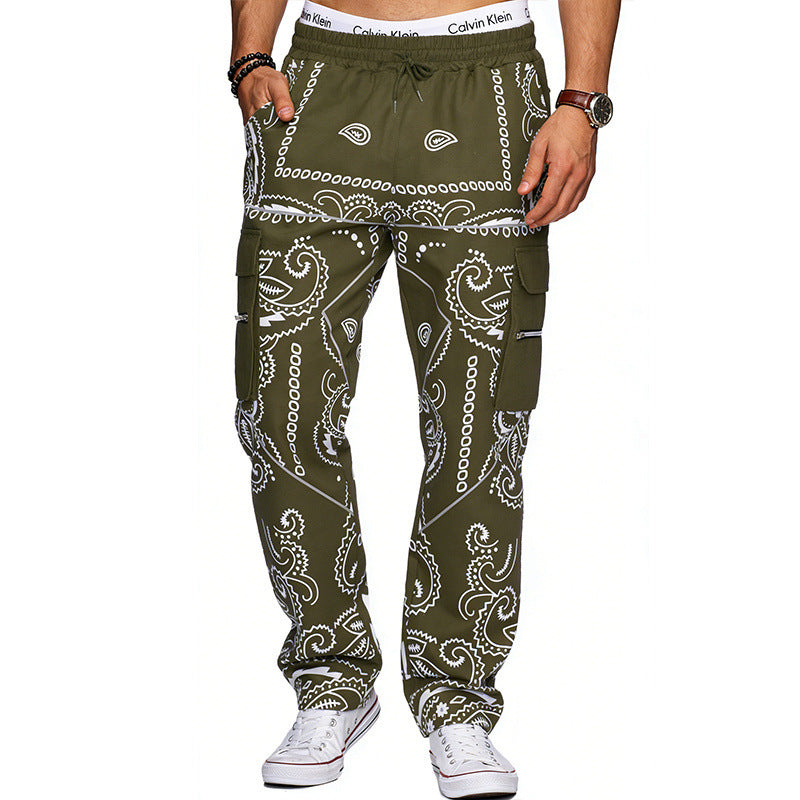 Men's cargo pants with bandana print, elastic waistband, and zipper pockets Mune Fashion