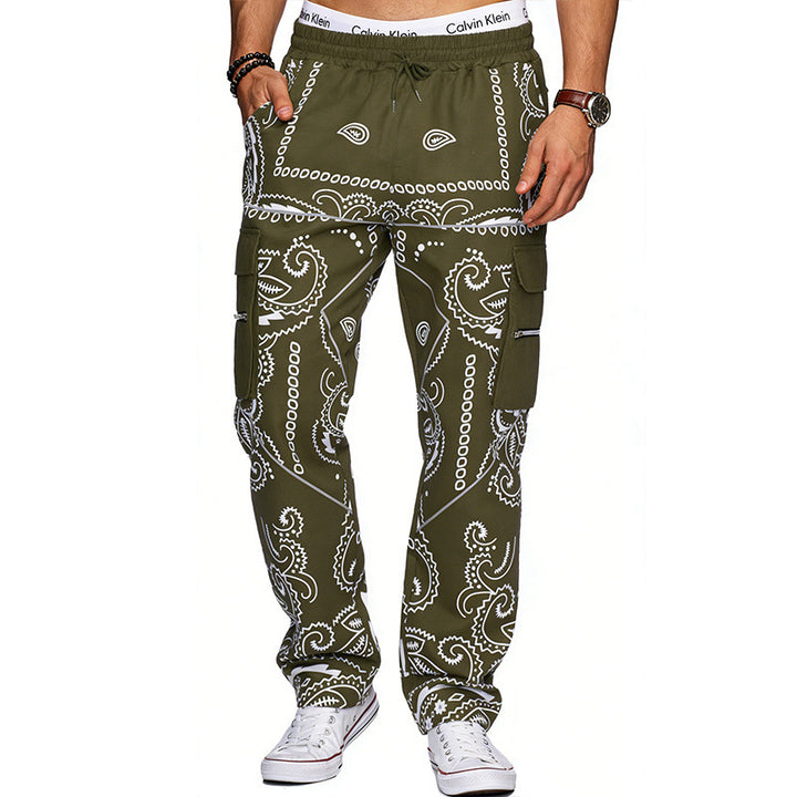 Men's cargo pants with bandana print, elastic waistband, and zipper pockets Mune Fashion