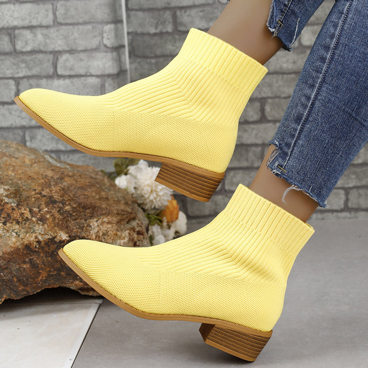 Women's knitted sock ankle boots with elastic shaft and low wooden block heel Mune Fashion