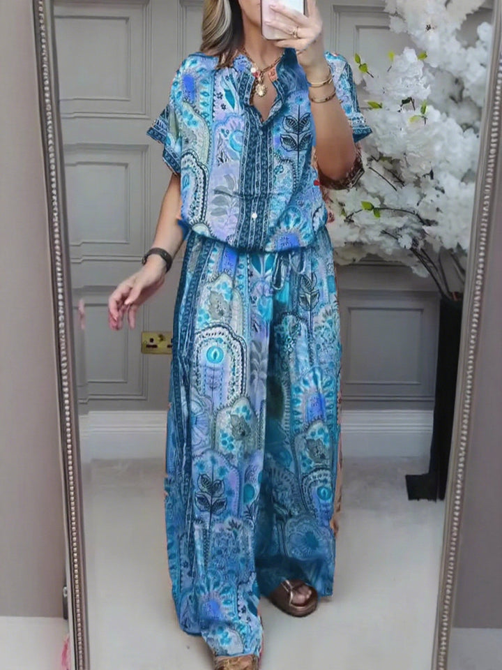 Women's Boho two-piece made of lightweight viscose with short-sleeve blouse, button placket, drawstring waistband, and wide palazzo pants Mune Fashion