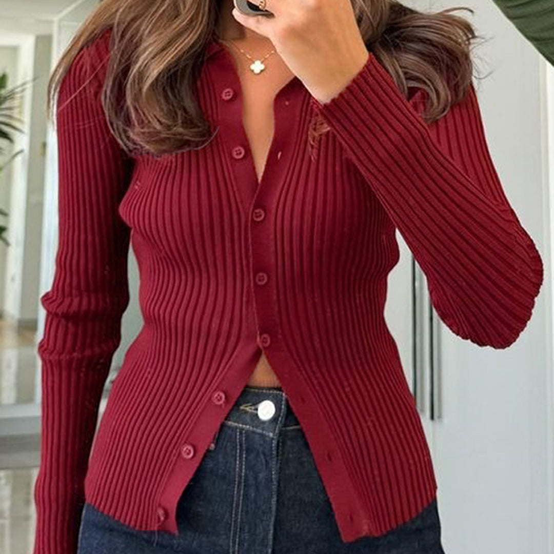 Women's tailored ribbed knit cardigan with concealed button placket and wavy hem Mune Fashion