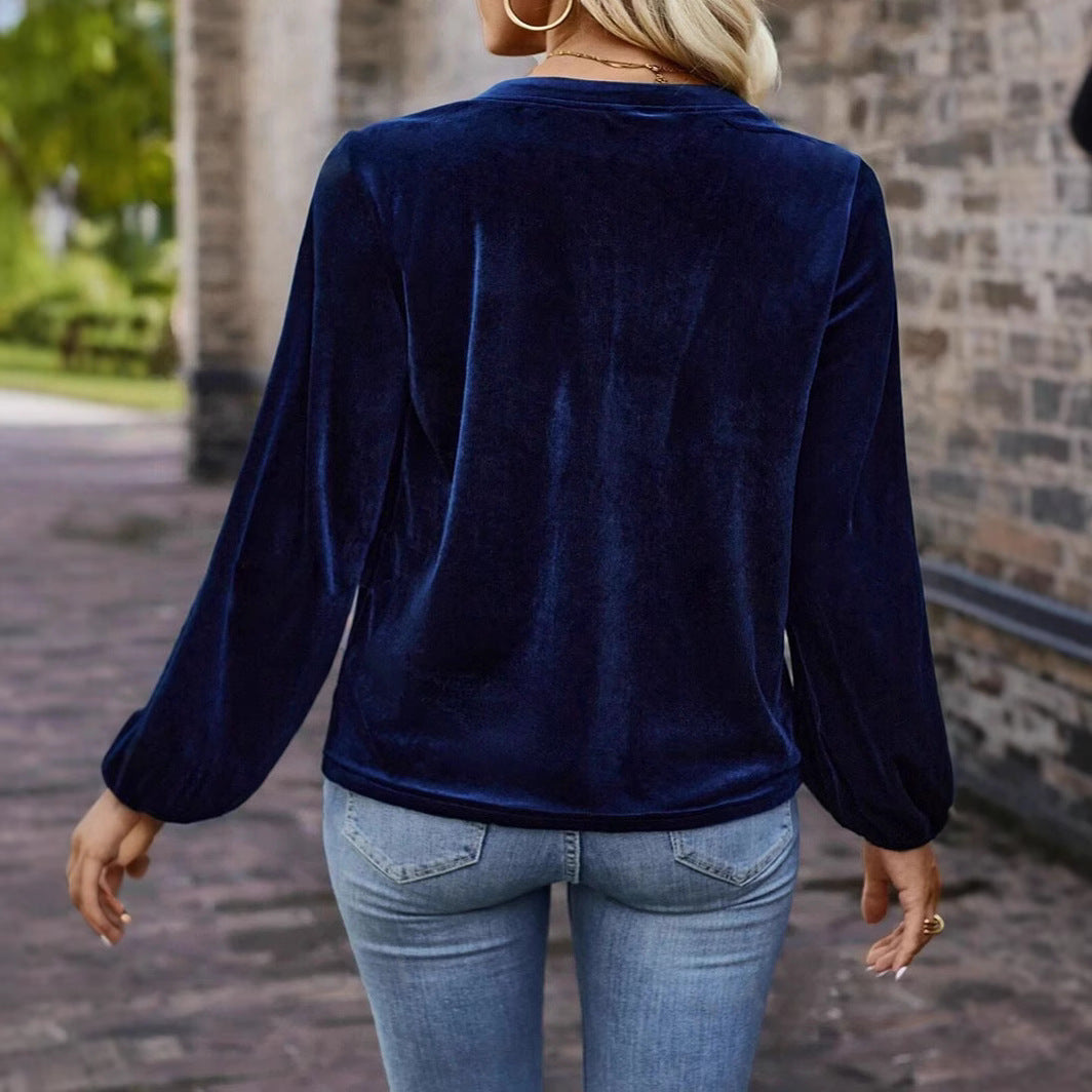 Women's velour sweatshirt with Henley button placket, gathered chest yoke, and relaxed silhouette Mune Fashion
