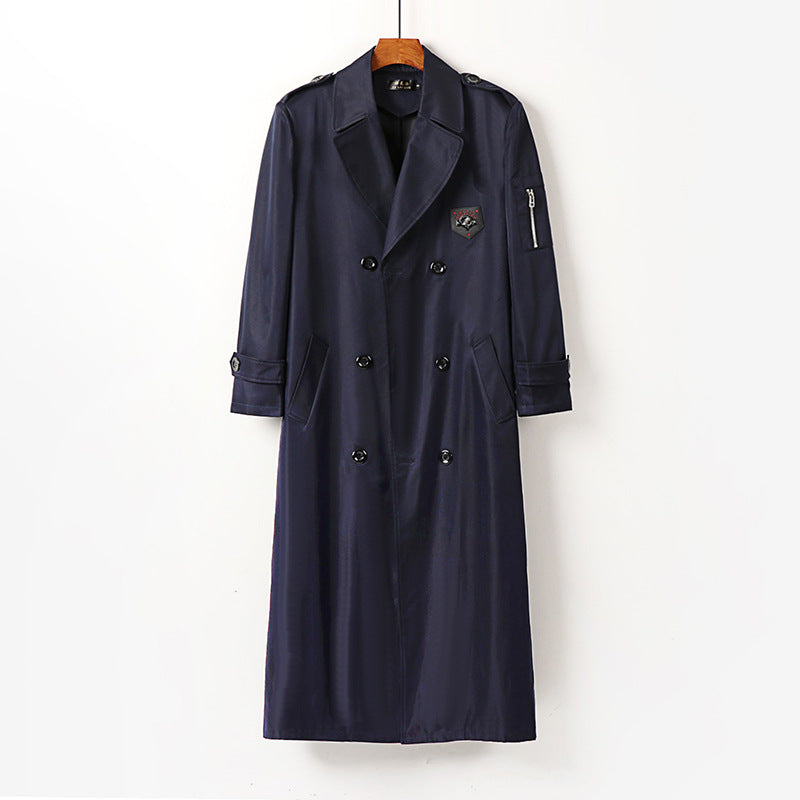 Men's Long Double-Breasted Trench Coat with Belt, Epaulettes and Zipper Sleeve Pocket Mune Fashion
