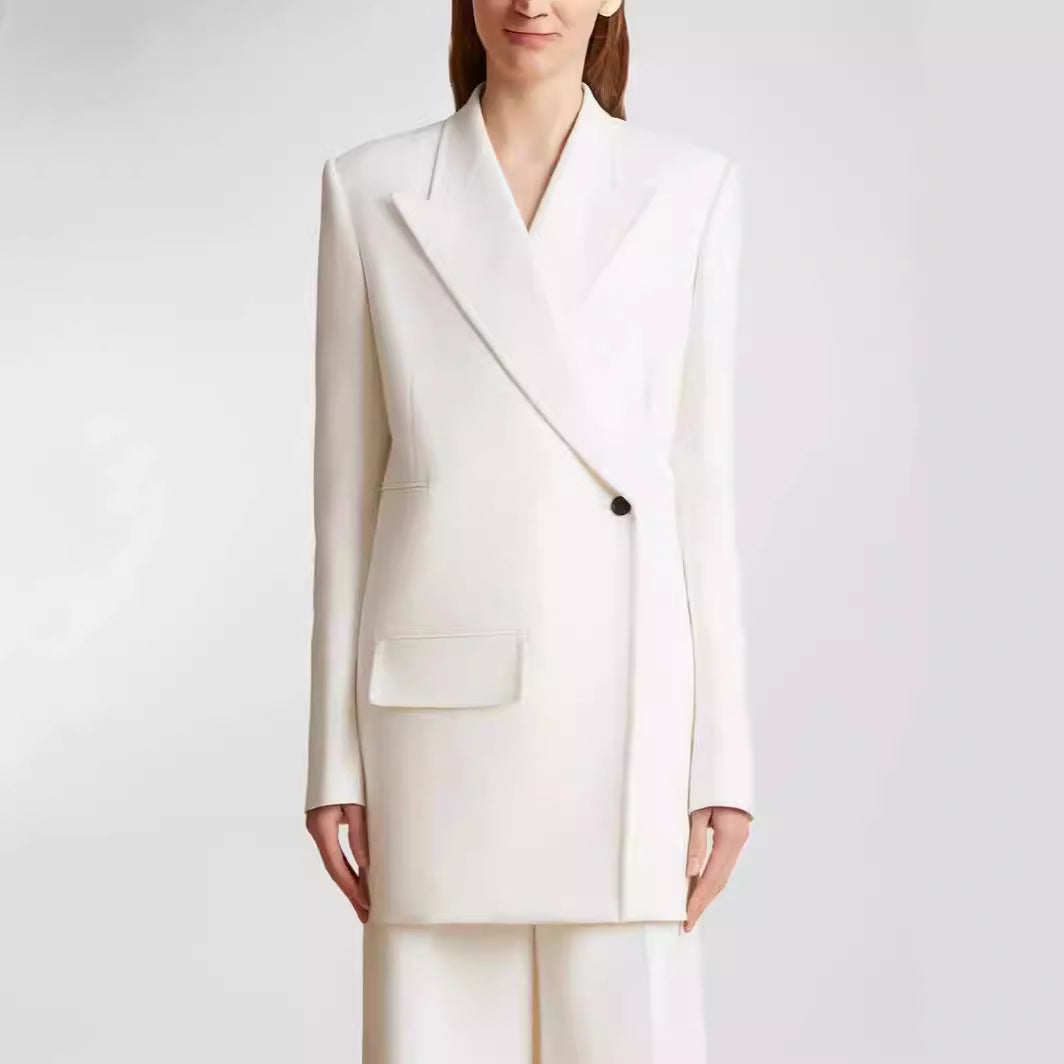Women Minimalist Long Blazer with Asymmetric Single-Button Front and Clean Longline Cut Mune Fashion