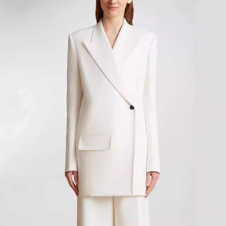 Women Minimalist Long Blazer with Asymmetric Single-Button Front and Clean Longline Cut Mune Fashion