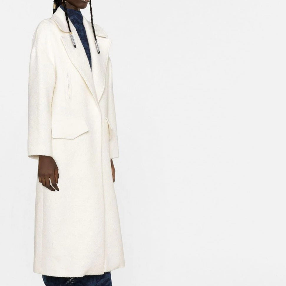 Women's Long Boucle Coat with Boxy Silhouette and Flap Pockets Mune Fashion