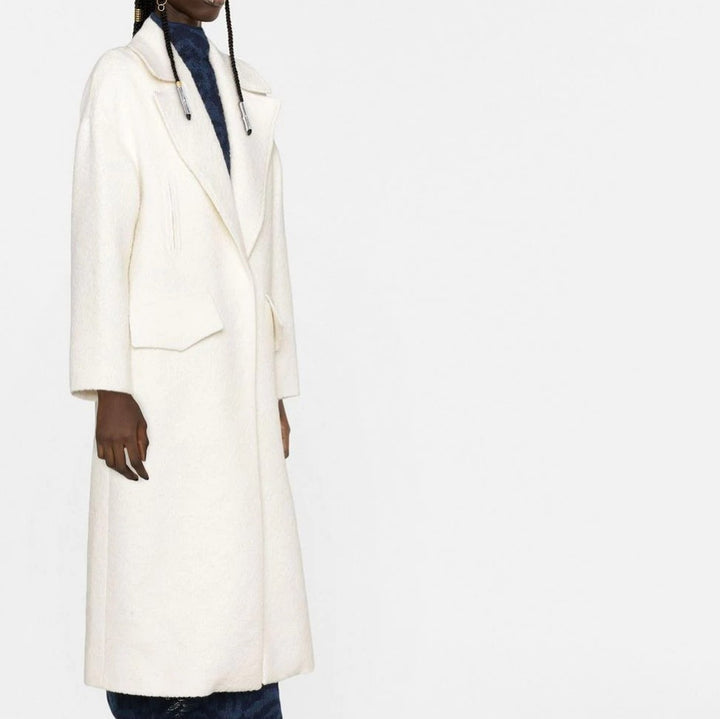 Women's Long Boucle Coat with Boxy Silhouette and Flap Pockets Mune Fashion