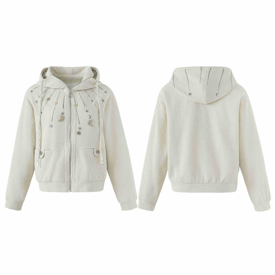 Women's short-cut hooded jacket made of textured knit with star and moon appliqué Mune Fashion