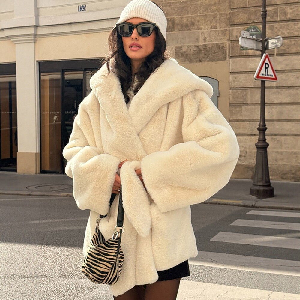 Women's Boxy Teddy Jacket with Wrap Belt and Oversized Shawl Collar Mune Fashion