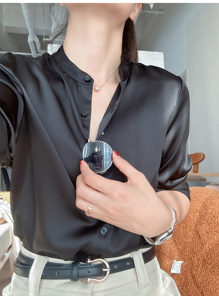 Women's Elegant Satin Blouse with Buttoned Neckline Drune