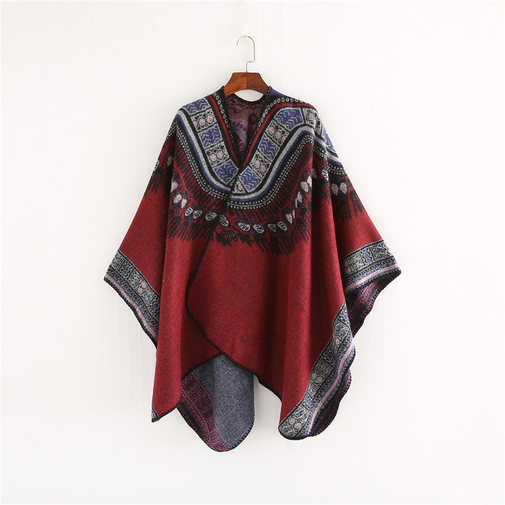 Women Oversize Poncho in Ethno Jacquard with V-neck and structured hem Mune Fashion