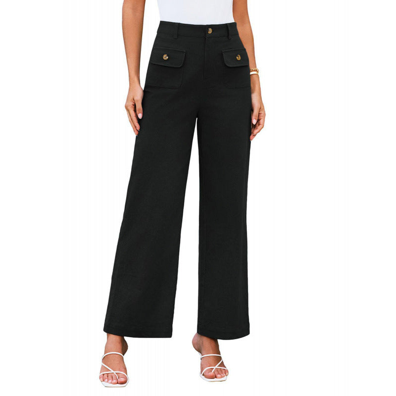 Women High-Waist Palazzo Pants with Flap Button Pockets Mune Fashion