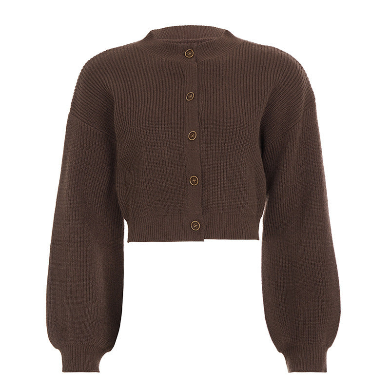 Women Short Cropped Rib Knit Cardigan with Balloon Sleeves and Decorative Button Placket Mune Fashion