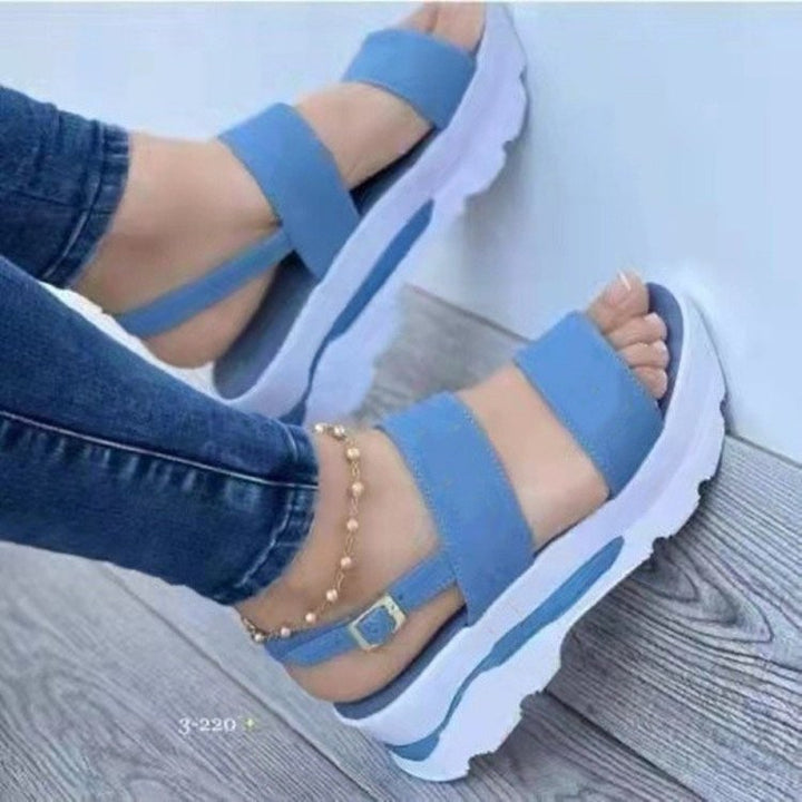 Ladies platform sandals with thick tread sole, two wide straps and adjustable heel strap Mune Fashion