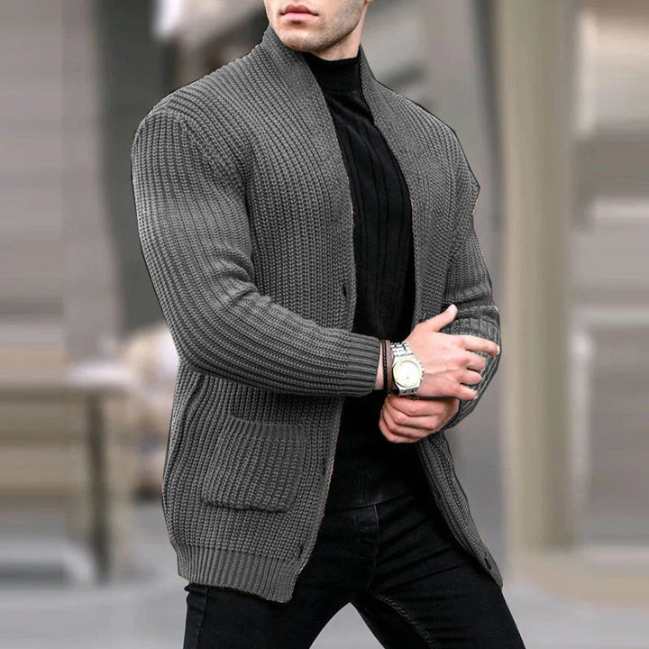 Men's chunky knit cardigan with shawl collar and patch pockets Mune Fashion