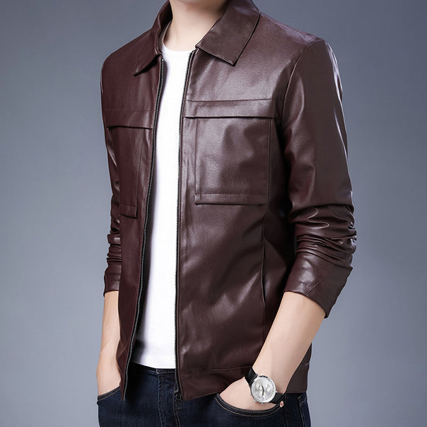 Men's minimalist artificial leather zip jacket with shirt collar and flap pockets Mune Fashion