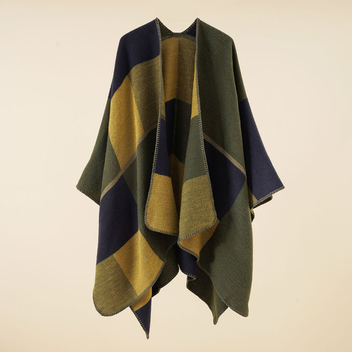 Women's Triangular Knit Poncho with Geometric Jacquard Pattern and Decorative Stitch Mune Fashion