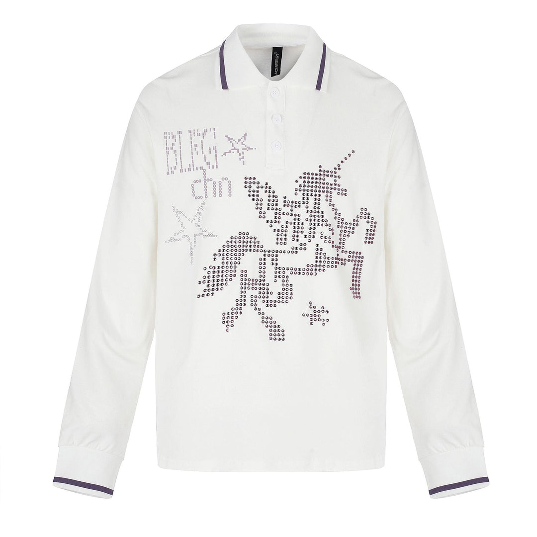 Women's Long Sleeve Polo Shirt with Rhinestone Appliqué and Contrasting Cuffs Mune Fashion