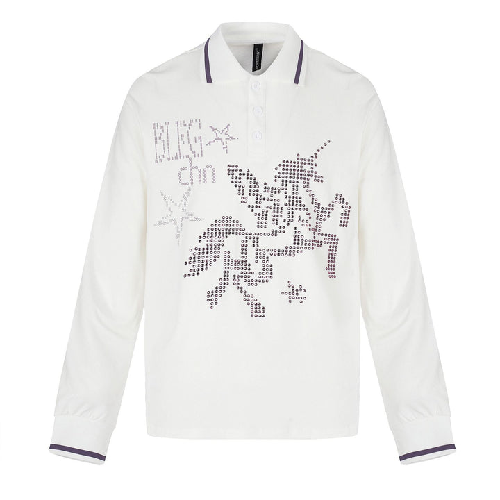 Women's Long Sleeve Polo Shirt with Rhinestone Appliqué and Contrasting Cuffs Mune Fashion
