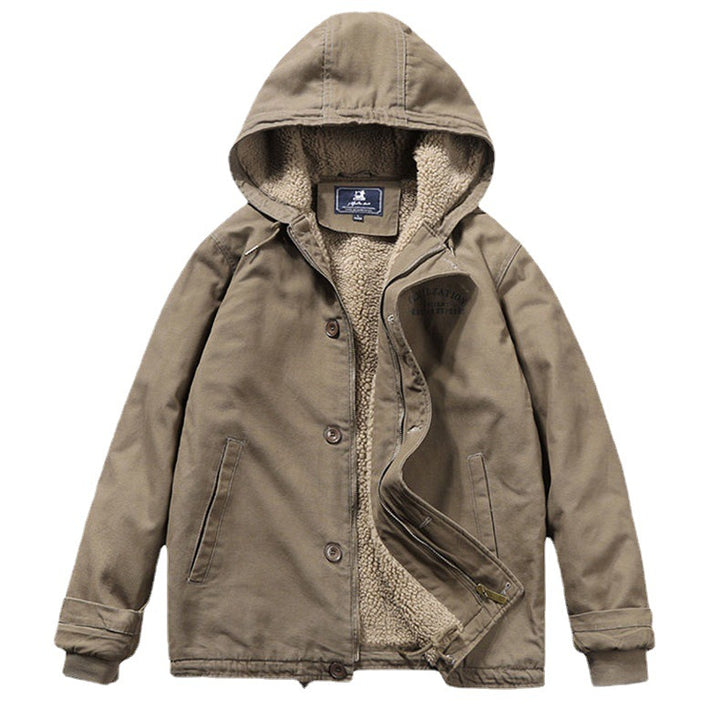Men's Canvas Hoodie Parka with Continuous Teddy Fleece Lining and Drawstring Mune Fashion