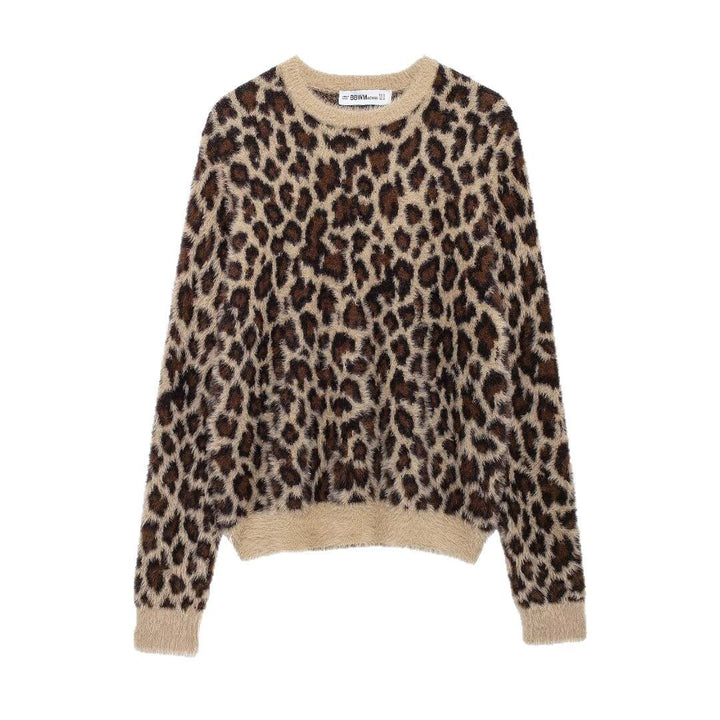 Women's Fluffy Knit Sweater with Leopard Print and Crew Neck Mune Fashion