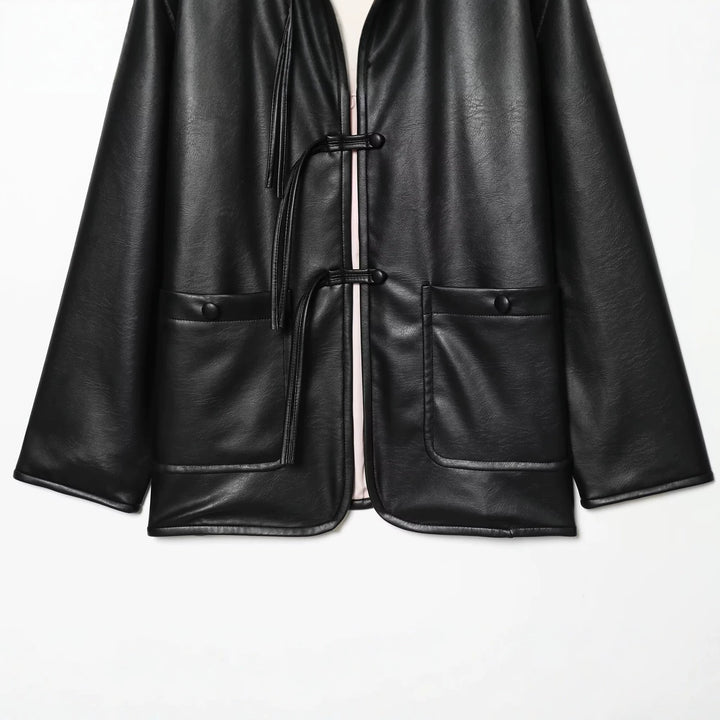 Women Oversize Faux Leather Jacket with Cord Knot Closure and Patch Pockets Mune Fashion