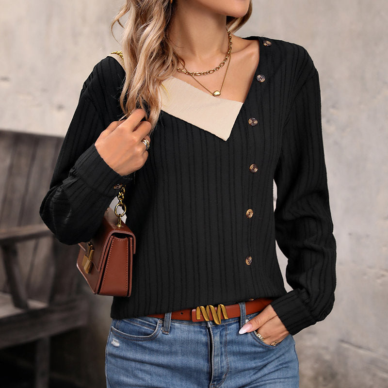 Women's ribbed top with asymmetrical button placket and contrasting V-insert Mune Fashion
