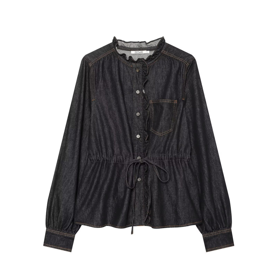 Women’s denim blouse with flounce button placket, drawstring waist and ruffle collar Drune