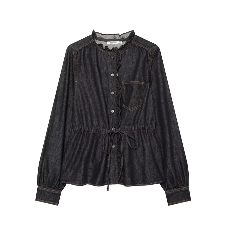 Women’s denim blouse with flounce button placket, drawstring waist and ruffle collar Drune