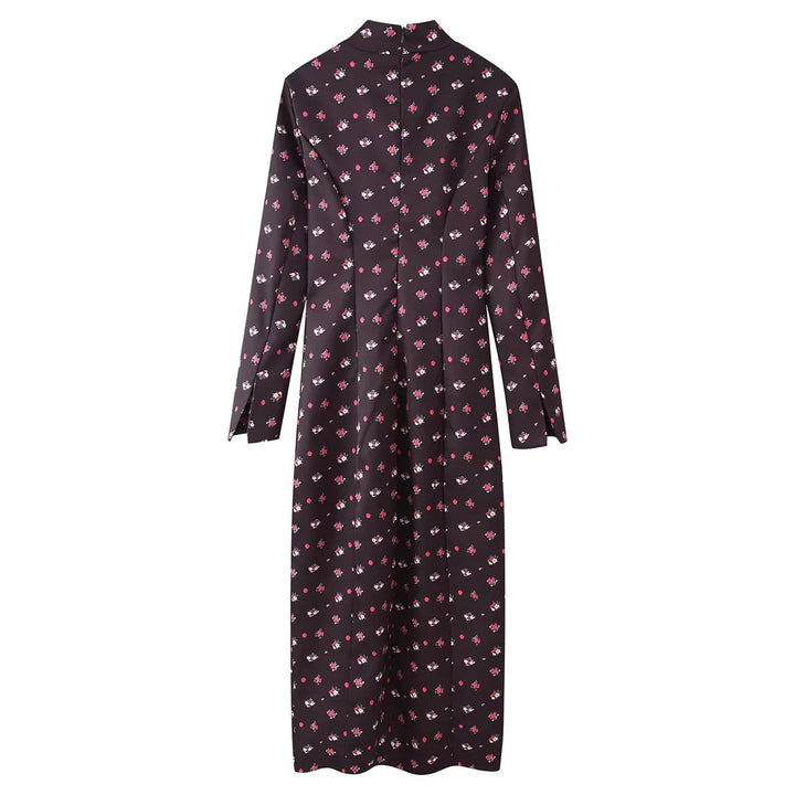 Women's patterned maxi dress with continuous button placket, stand collar, and side flap pockets Mune Fashion