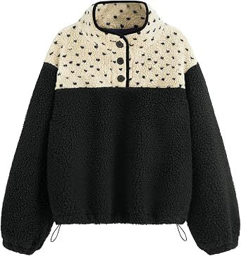 Women's teddy fleece pullover with stand-up collar, press button placket, and drawstring Mune Fashion