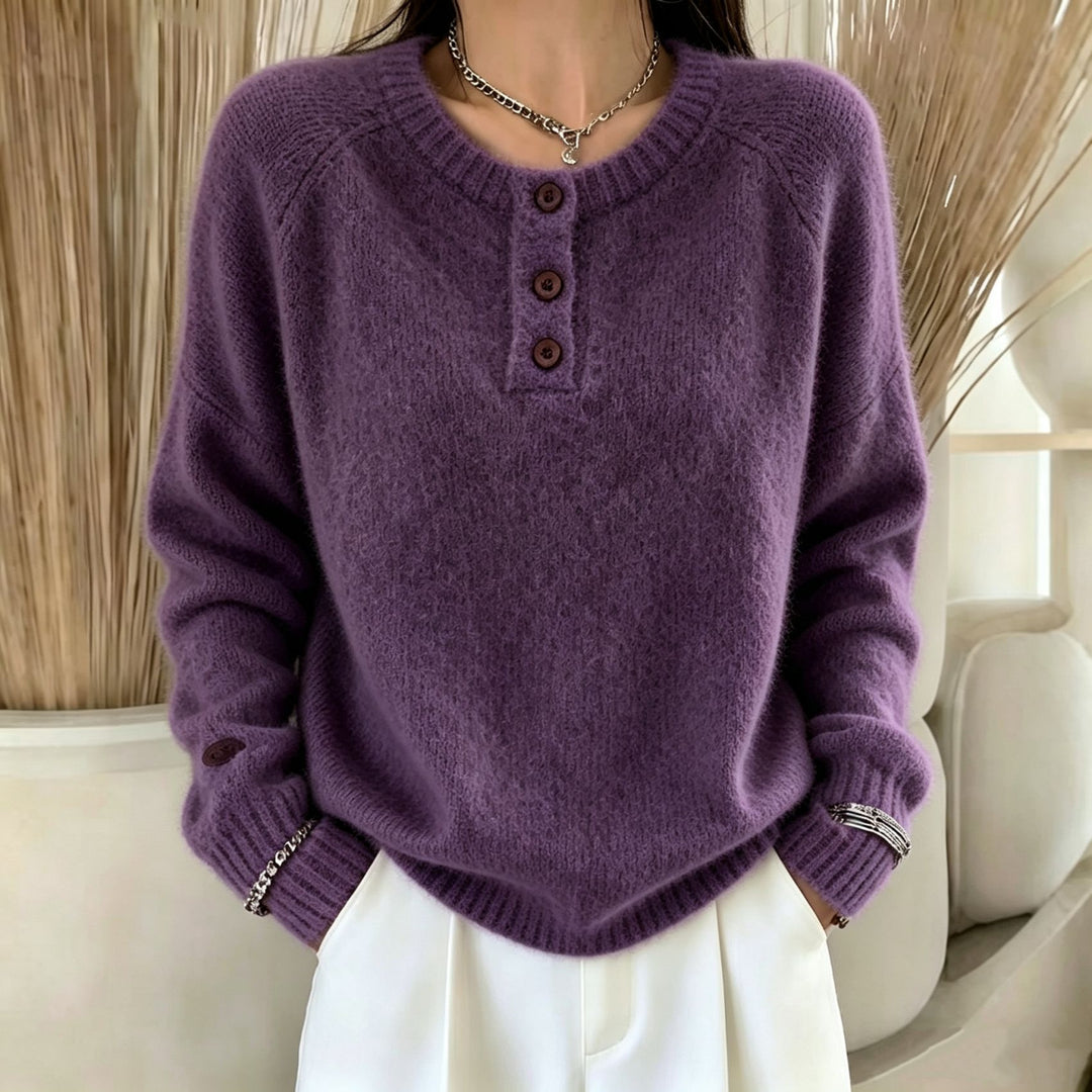Women's Cozy Round Neck Henley Sweater with Button Placket and Raglan Sleeves Mune Fashion