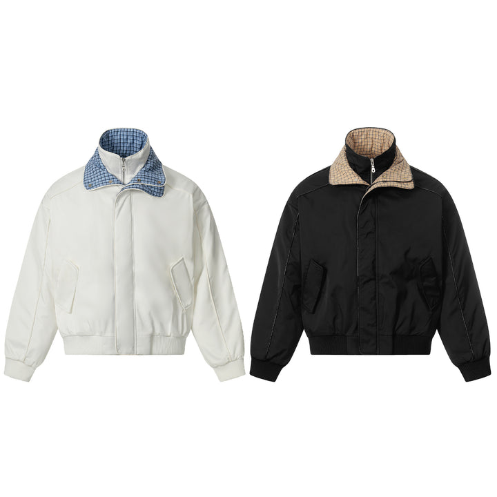 Unisex short jacket with high double collar and checked inner lining Mune Fashion