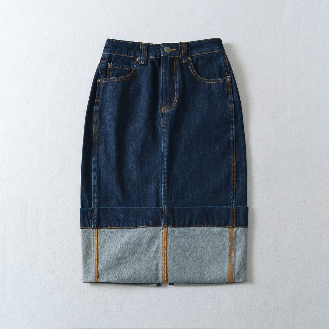 Women's High-Waisted Midi Skirt Made of Denim with Visible Seams and Turned-Up Hem Mune Fashion