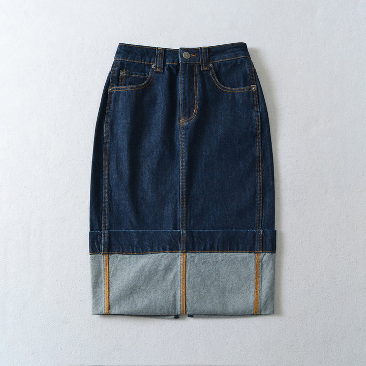 Women's High-Waisted Midi Skirt Made of Denim with Visible Seams and Turned-Up Hem Mune Fashion