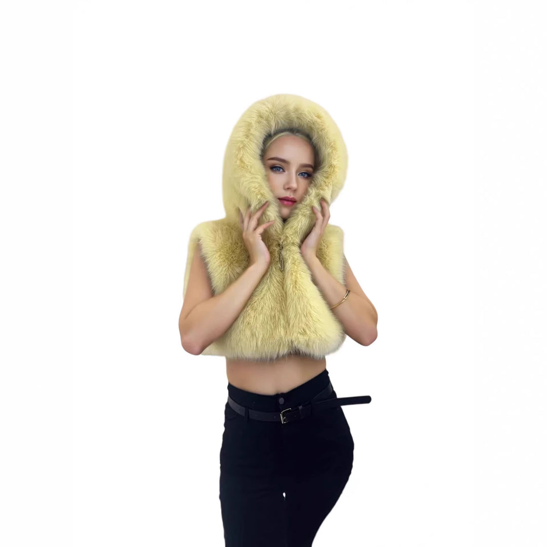 Women's Short Hooded Vest made of High-Pile Faux Fur with Voluminous Long Hair Collar Mune Fashion