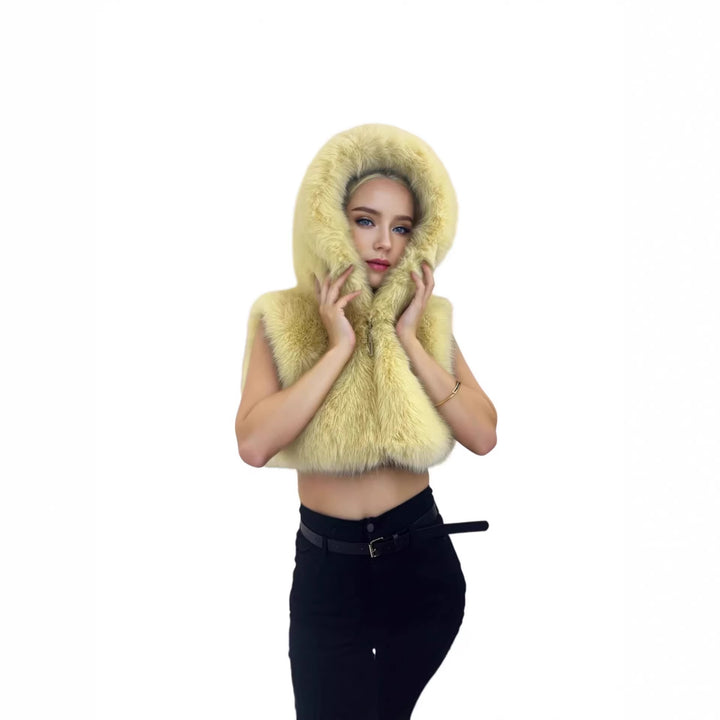 Women's Short Hooded Vest made of High-Pile Faux Fur with Voluminous Long Hair Collar Mune Fashion