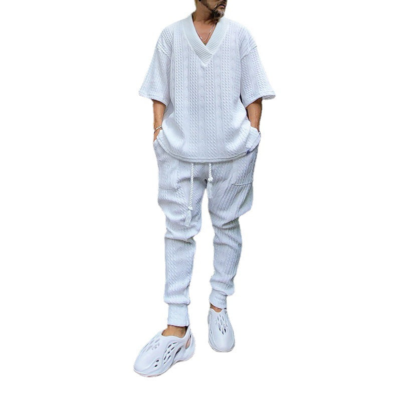 Men's Coarse Knit Lounge Set with Deep V-Neck and Drawstring Joggers Mune Fashion