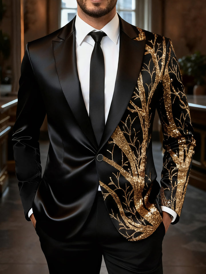 Men's tuxedo blazer with gold sequin trim and tailored satin look Mune Fashion