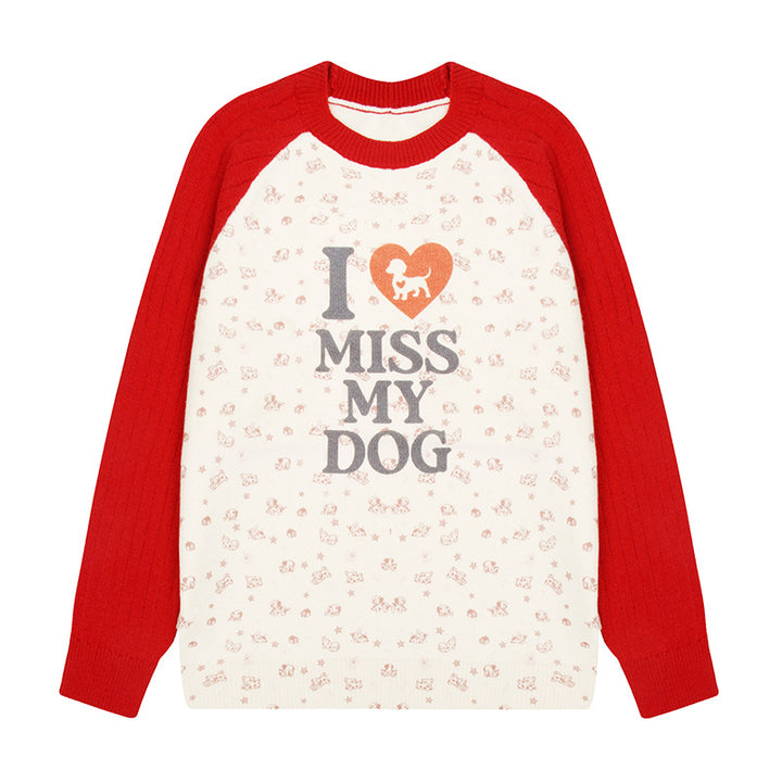 Women's knit sweater with raglan sleeves, allover dog motif and statement print Mune Fashion