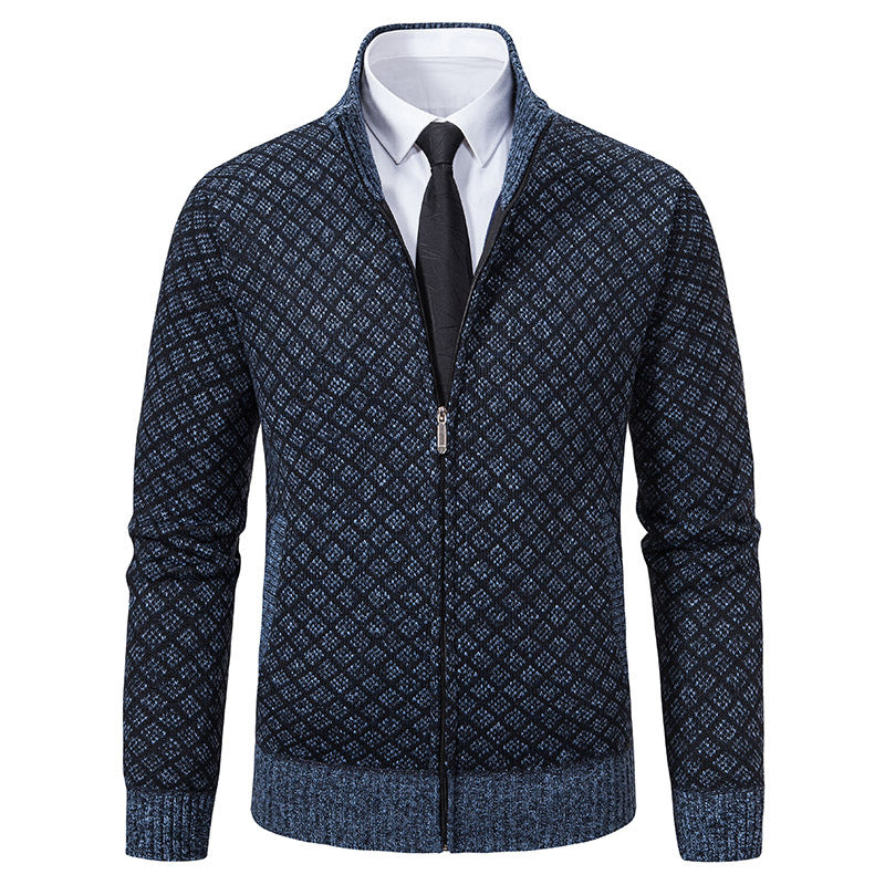 Men's Patterned Knit Zip Jacket with Stand-Up Collar, Jacquard Pattern and Ribbed Cuffs Mune Fashion