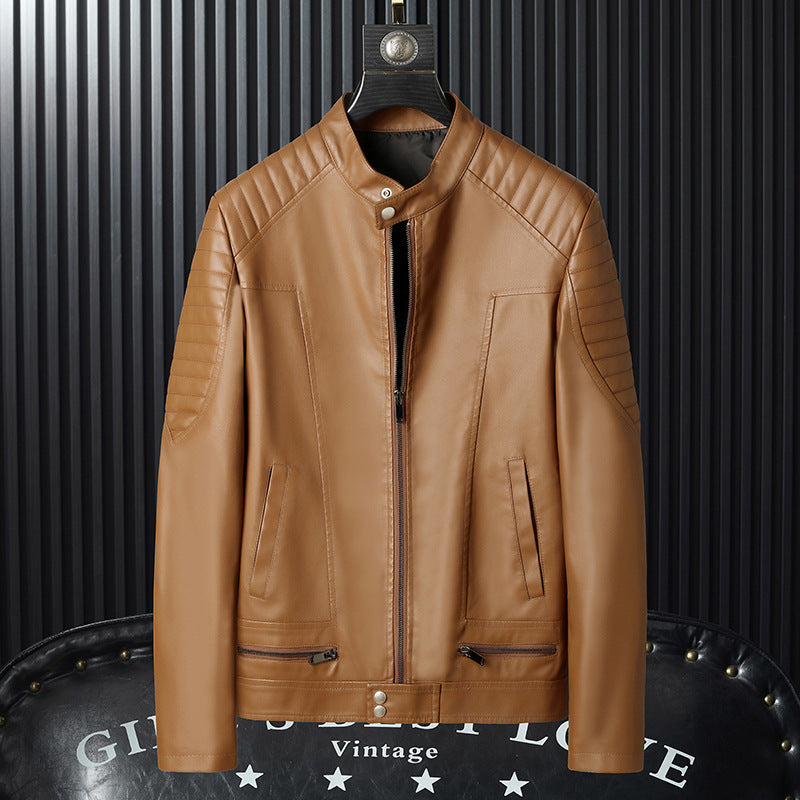 Men's Faux Leather Moto Jacket with Quilted Shoulder, Stand Collar and Zipper Mune Fashion