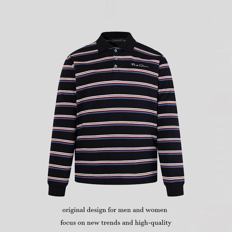 Men's Long Sleeve Polo Shirt with Retro Stripes, Ribbed Cuffs and Button Placket Mune Fashion