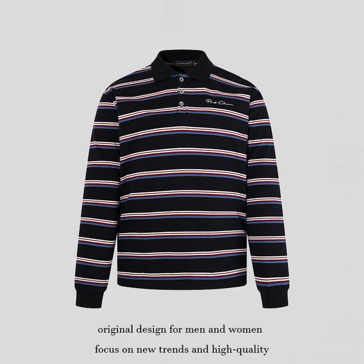 Men's Long Sleeve Polo Shirt with Retro Stripes, Ribbed Cuffs and Button Placket Mune Fashion