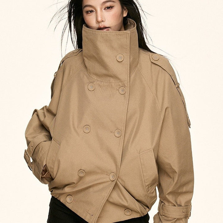 Women Oversized Double-Breasted Trench Bomber Jacket with High Stand-Up Collar Mune Fashion