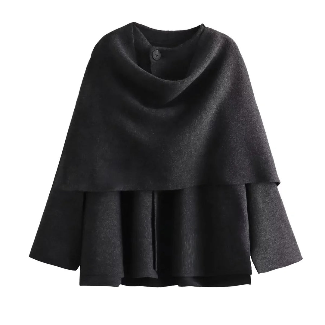 Women's Layered Poncho with Sleeves and Button Collar Mune Fashion